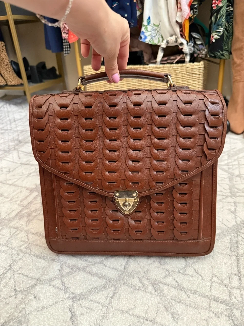 Vintage Woven Brown Leather Briefcase Satchel Bag Boho Dark Academia